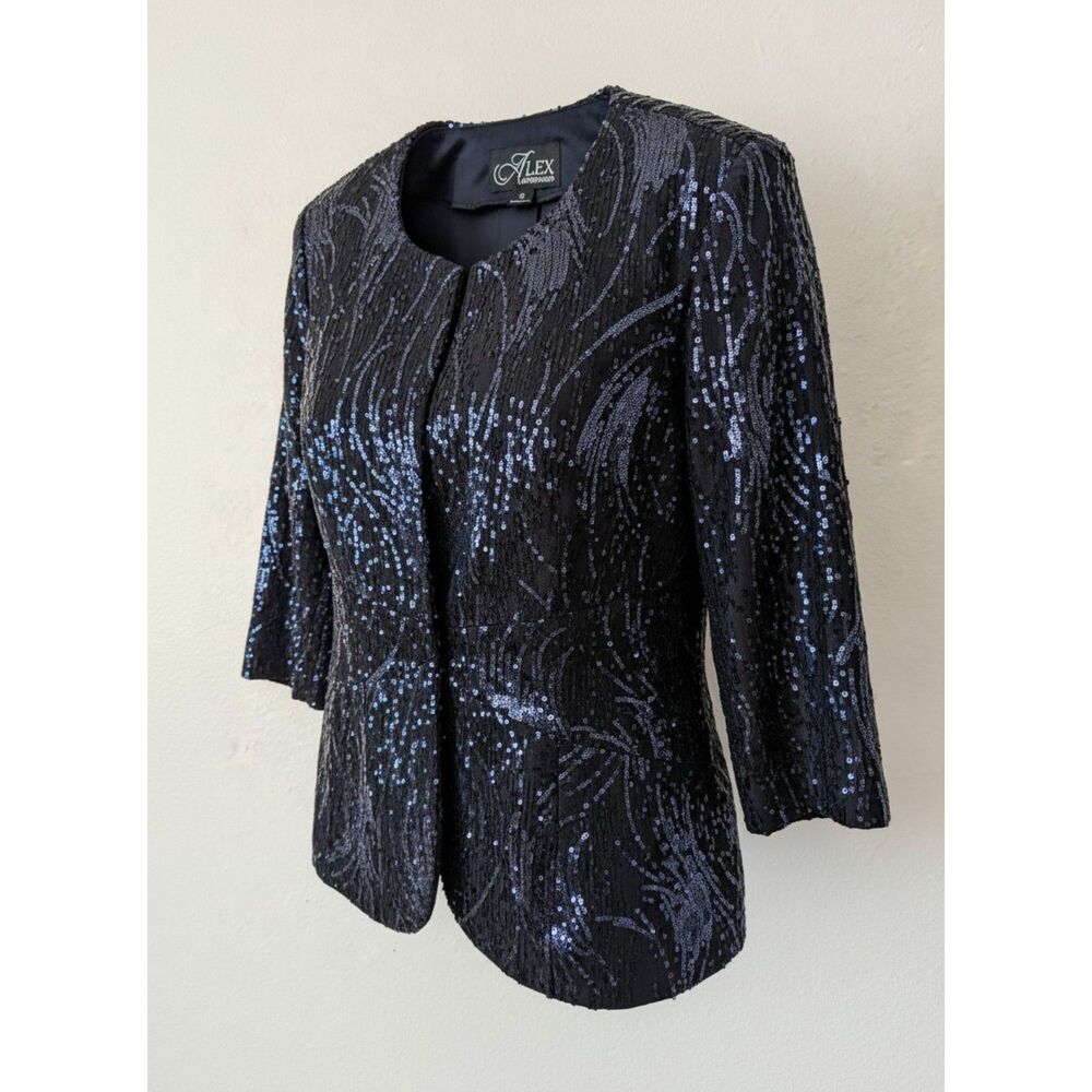Alex Evenings Womens 10 Sequin Evening Jacket Blue 3/4 Sleeve Formal